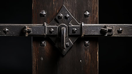 antique wrought iron barn door captured in a photo taken with a nikon d750. the black background enhances the medieval-inspired, de stijl aesthetic of the door. the panel composition mastery is reminiscent of willem claesz heda's work, while the gothic references and wood elements add to its unique charm. ai generatedの素材