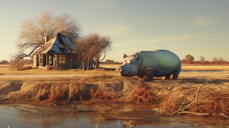 a hippo stands beside a house in the desert, creating a unique and surreal scene. this rendered image, created in cinema4d, showcases the beauty of nature in a cartoonish and colorized style. with a background reminiscent of dutch landscapes and poetic pastoral scenes, this national geographic photo captures the essence of the unexpected and mesmerizing. ai generatedの素材