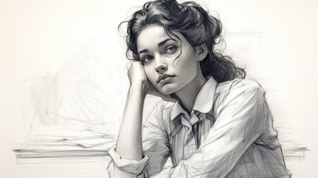 a pencil drawing of a woman leaning on an object, showcasing a style reminiscent of digital painting. this artwork captures the essence of youthful protagonists found in historical illustrations. the realistic hyper-detailed portrait exudes a pensive stillness, reminiscent of victorian-inspired illustrations. a stunning example of digital illustration. ai generatedの素材