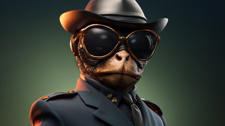 a monkey wearing a hat and tie, donning glasses, sits in a hyper-realistic sci-fi style. this characterful animal portrait showcases the intricate details of the costume, while the backlit photography adds depth and dimension. the monkey's pose embodies the figura serpentinata, creating a captivating and unique image. additionally, this artwork incorporates celebrity image mashups, adding an element of intrigue. ai generatedの素材
