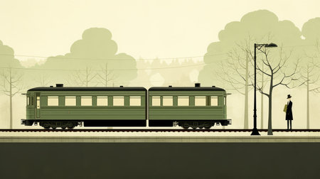 a green train, reminiscent of minimalist monochromatic landscapes and art nouveau-inspired illustrations by jakub ralski, is captured in a nostalgic swiss style. the panoramic scale of the image showcases the train sitting peacefully in a station, while the warm tonal range adds to the overall aesthetic appeal. ai generatedの素材