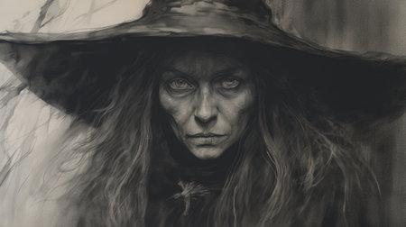 an old witch with a large hat is depicted in this black and white drawing. the artwork showcases a realistic oil portrait style, with intense close-ups and dark, muted colors. created using zbrush, the image exudes a gothcore vibe and features realistic figures. the final result is perfect for holotone printing. ai generatedの素材