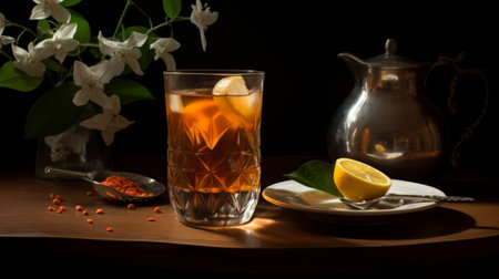 a tea cup adorned with a lemon slice and delicate flowers, showcasing the artistic style of darktable processing. the image captures a cold and detached atmosphere, with hues of dark orange and light amber. the overall effect is rich and tonal, creating a clear and crisp visual experience. ai generatedの素材