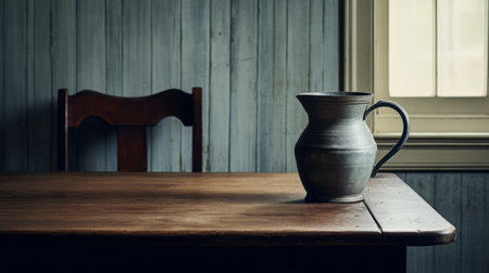a pitcher, in the style of primitivist art, is placed on a table alongside an old chair. the soft-focus technique and darktable processing enhance the overall aesthetic. the image draws inspiration from early medieval art, with a color palette of dark silver and light indigo. traditional japanese artistic techniques are also incorporated, resulting in a captivating kitchen still life. ai generatedの素材