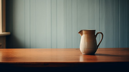 a pyeer is showcased on a table, embodying the essence of nostalgic minimalism. this kitchen still life captures the beauty of earthy tones, with a combination of light brown and light azure. the image is digitally enhanced, resulting in a smooth and polished aesthetic. shot with a rodenstock imagon 300mm f58 lens. ai generatedの素材
