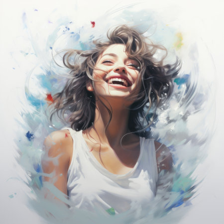illustration of a woman laughing with a fan, showcasing the mesmerizing style of spray painted realism. the artwork captivates with soft and airy compositions, vibrant swirling colors, and hyper-realistic portraits. this magewave creation is truly breathtaking, leaving viewers in awe of its sheer beauty. ai generatedの素材