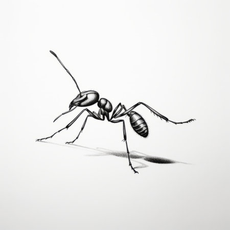 a black and white photo of an ant, captured in a matte drawing style. the image showcases a realistic perspective and a playful character design. the artist skillfully uses light and color to create a lifelike effect. the detailed penciling adds depth to the minimalistic portrait, while the toy-like proportions add a touch of whimsy. ai generatedの素材
