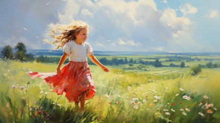 an oil painting capturing the essence of a girl joyfully running through a vibrant meadow of flowers. this artwork, inspired by the styles of daz3d, zinaida serebriakova, mark lague, and storybook illustrations, celebrates the beauty of rural life. with its high resolution and childlike charm, this painting is a delightful visual experience. ai generatedの素材