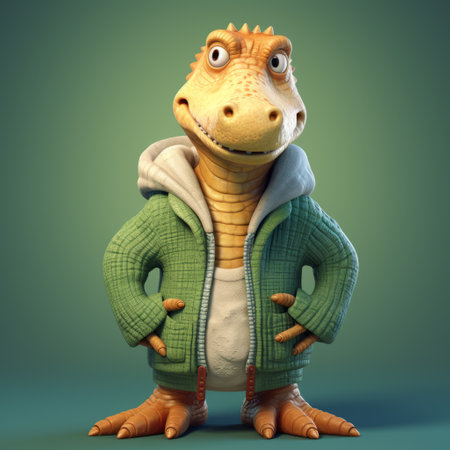 dinosaur character illustration by jason taylor, featuring a pose by david davis ftb. this humorous and caricature-like image, created in the style of vray tracing, showcases a normcore dinosaur with a woven-perforated texture. the uhd image captures the attention to detail and the unique artistic approach influenced by the helsinki school. ai generatedの素材