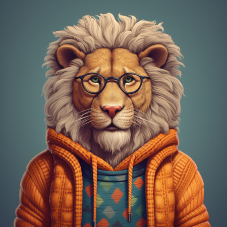 an anime lion, adorned in vibrant glasses and a stylish sweater, stands out in this hyper-detailed portrait. the artist's realistic portrayal captures the essence of everyday life with accurate and detailed design elements. this algeapunk-inspired graphic design piece showcases the iconic style of anime, merging creativity and precision seamlessly. ai generatedの素材
