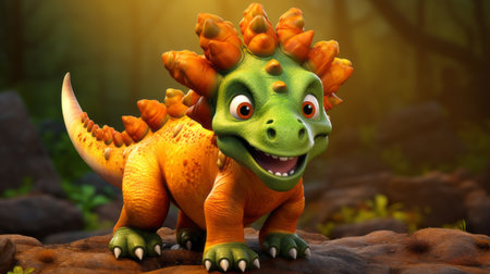 a cute baby t-rex dinosaur with short horns stands near a tree in this playful caricature-style image. created using zbrush and rendered in unreal engine 5, the uhd image showcases xbox 360 graphics. the adorable dinosaur is depicted with spiky mounds, adding to its charm. ai generatedの素材
