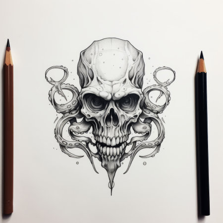 an intricately detailed sketch of an octopus skull adorned with menacing claws, showcasing the unique style of maranao art. captured on a 70mm camera, the image exudes a dark and brooding atmosphere, enhanced by the mechanical designs. against a white background, this 8k photograph showcases the stunning realism and craftsmanship of the artwork. ai generatedの素材