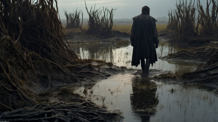 a man stands in the water, surrounded by tall grasses, creating a gothic dark and moody atmosphere. the creased, crinkled, and wrinkled cinematic sets add to the dramatic effect. this photo captures the essence of dutch genre scenes and has a solarizing master touch. the man's presence exudes patience and tranquility. ai generatedの素材