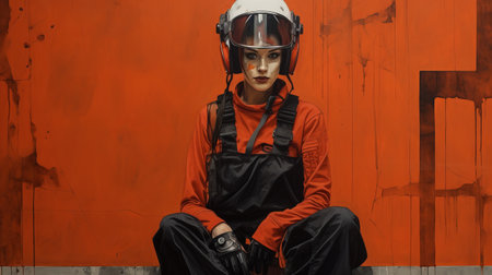 a hyper-realistic oil painting featuring a girl wearing a jacket and helmet, sitting on concrete. the artwork is done in the style of dark orange and black, with industrial and technological subjects. it draws inspiration from the new fauves movement and showcases a studio portrait with a red and orange color palette. the composition offers an aerial view perspective, adding a touch of sci-fi toの素材