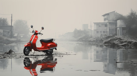 a black moped rests on a foggy puddle of a muddy river, showcasing the artistic style of xu beihong. the photo captures the essence of light silver and light crimson tones, reminiscent of alessandro gottardo's photo-realistic landscapes. the image exudes streamline elegance with its monochromatic color scheme and realistic rendering. ai generatedの素材