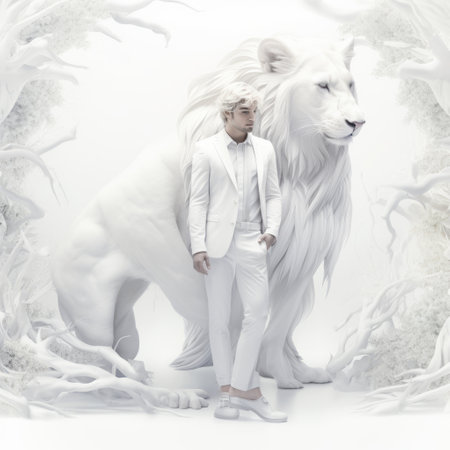 a lion wearing a red jacket stands amidst a serene white forest, donning a white shirt. this zbrush-style artwork showcases romantic illustrations with monochromatic white figures. the rich and immersive scene, reminiscent of junglecore aesthetics, is brought to life through dreamlike installations created using unreal engine 5. ai generatedの素材
