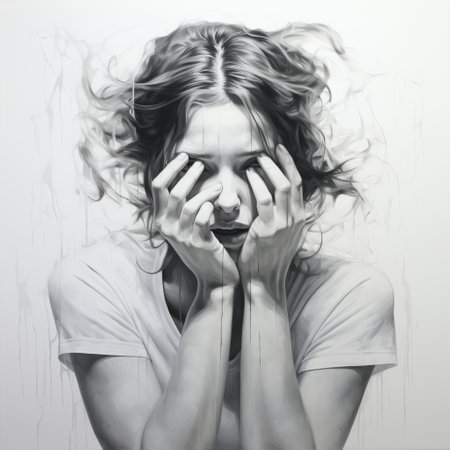 a portrait of a woman holding her hands, featuring spray painted realism in light gray and white. the emotionally charged portrait showcases melting and trapped emotions, depicted through hard edge painting. the elegant and emotive faces add depth to this captivating artwork. ai generatedの素材