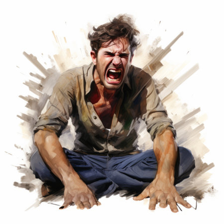 a graphic artist, william oxer, captures raw emotions in his aggressive digital illustration of a happy lone man. the pensive poses and energetic expressions evoke a sense of intensity. with a wrung out rag on his face, the man's emotions are palpable. this artwork reminds us of the famous tennis player marat safin and the mythical creature, the manticore. ai generatedの素材