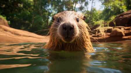 a beaver swimming in a body of water surrounded by lush plants. this stunning photo showcases the beaver's lively facial expressions and the realistic, hyper-detailed renderings achieved through ray tracing. with the quality of an imax film and the artistry of a disney animation, this national geographic-worthy image captures the beaver's strong facial expression. ai generatedの素材
