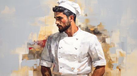 an oil painting or drawing of a character wearing a chef's hat, created in the style of ahmed morsi, atey ghailan, and paul hedley. this digital illustration features a person with a chefs hat, with a color palette of white and amber. ai generatedの素材