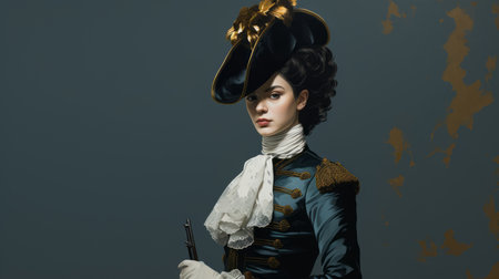 a woman wearing an eye-catching costume inspired by realistic marine paintings. the costume features a captivating combination of dark cyan and gold colors. created by guillem h. pongiluppi, the design is historically accurate and showcases intricate details in the character's appearance. influences from artists like james jean and nikolay makovsky can be seen in this stunning image. ai generatedの素材