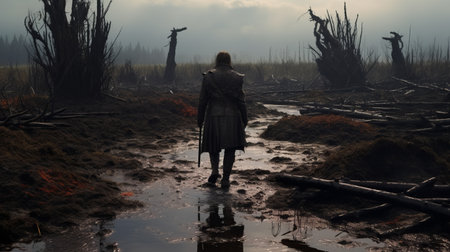 a woman walks along a path adorned with tree roots and dead branches, creating a visually striking scene reminiscent of the styles of todd mcfarlane, mikko lagerstedt, isaac julien, and early medieval art. this immersive environment captures the essence of stark visuals, while the photo, taken with provia, adds a touch of vibrancy to the composition. ai generatedの素材