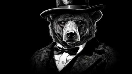 a bear wearing a top hat and tuxedo is depicted in this hyper-realistic animal illustration. the portrait is done in a film noir style, with a touch of comic art influence. the artist skillfully uses chiaroscuro contrast to create a dramatic effect, reminiscent of western-style portraits. the image is further enhanced by the use of lith printing techniques, resulting in a captivating and unique pieceの素材