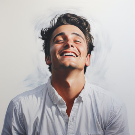 a young man is depicted in a hyper-realistic oil cartoon, laughing joyfully. the dreamlike illustrations showcase a realistic depiction of light, with delicate portraits and flowing brushwork. this fawncore artwork also incorporates solarizing master techniques, creating a unique and captivating visual experience. ai generatedの素材
