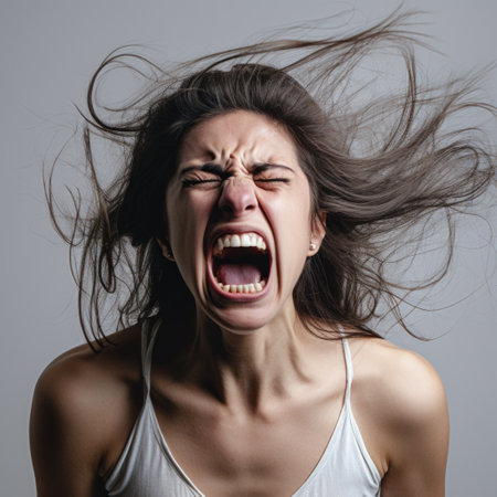 a young woman, with her hair covering her face, bursts into laughter, creating a visually striking image that embodies aestheticized violence. this photograph captures trapped emotions and portrays a sense of contained chaos. it exudes the essence of voidcore, manapunk, and chrome-plated aesthetics, presenting emotionally charged scenes. ai generatedの素材