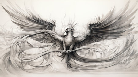 a phoenix tattoo design created by otaku, inspired by the style of olivier valsecchi. this aggressive digital illustration showcases the talent of matt molloy, known for his pencil art illustrations and monochrome paintings. the energy-filled composition captures the essence of a phoenix, as depicted in the captivating illustrations of john howe. ai generatedの素材