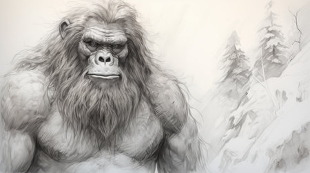 giant ape resting in front of snowy mountains, depicted in a detailed sketching style reminiscent of artgerm's artwork. the image showcases the impressive graphics of xbox 360, with a color palette dominated by white and gray. the concept combines elements of junglepunk and primitivist aesthetics, capturing a close-up view that exudes intensity. ai generatedの素材