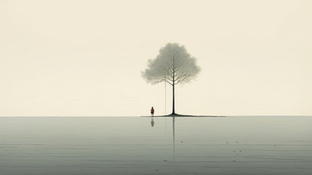 a woman sits on a tree in a small body of water, showcasing a graphic minimalism style. the scene depicts a realistic landscape with minimalist abstract elements. the color palette consists of light gray and maroon tones, reminiscent of children's book illustrations. the image is captured in stunning 8k resolution, adding to its visual appeal. ai generatedの素材