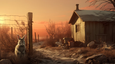 a rabbit stands by the side of a field, observing the sunset. this zbrush-style image showcases primitive structures and draws inspiration from frostpunk and en plein air beach scenes. with its 8k resolution and xbox 360 graphics, the soft and muted palette adds a touch of tranquility to the scene. ai generatedの素材