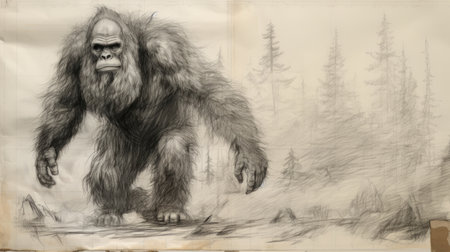 a drawing of a bigfoot, reminiscent of the styles of martin wittfooth and ralph mcquarrie, is depicted walking through a dense forest. this artwork draws inspiration from american works on paper from 1880-1950, showcasing a panoramic scale and the influence of joong keun lee. the use of ivory and the portrayal of monumental vistas add depth and grandeur to the composition. ai generatedの素材