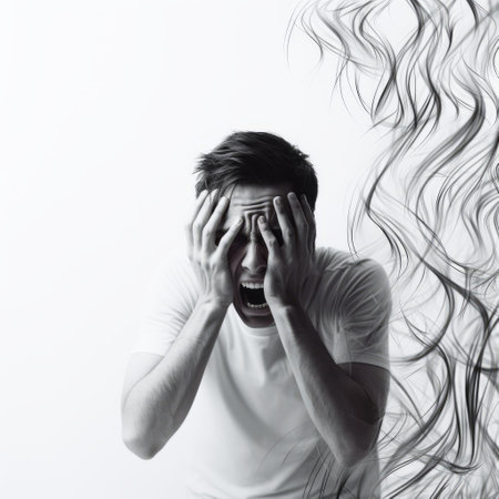 a man in a red shirt stands in front of smoke clouds, his face covered, in a minimalistic black and white sketch style. the image captures a sense of chaotic energy and trapped emotions. influenced by artists like patrick dougherty and ryohei hase, the motion blur adds to the dynamic feel. the white background enhances the focus on the subject. ai generatedの素材
