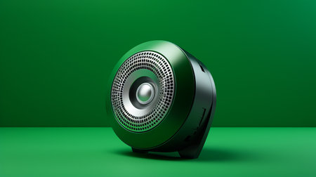 a black speaker stands on a vibrant green surface, capturing the essence of kodak aerochrome iii infrared. this visually stunning image showcases the artistry of petros afshar and thomas heatherwick's industrial design. the contrasting dark green and light gray tones create a captivating visual experience. shot with a fujifilm x-t4, this photo embodies the beauty of physically based rendering. ai generatedの素材