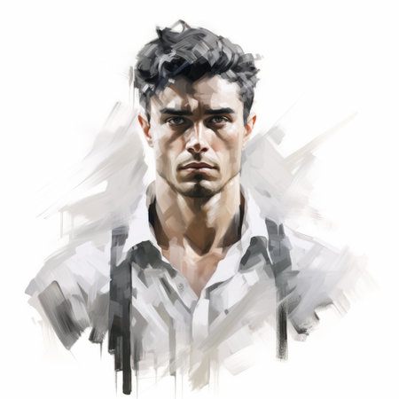 a young male sketch by nikii showcasing a skeptic style tattoo. this portrait features brushstroke-intensive details, a painterly style, and a romantic illustration. the artwork incorporates elements of harsh palette knife work, resulting in an elegant and emotive face. the influence of caravaggism is evident in the use of white and gray tones. ai generatedの素材