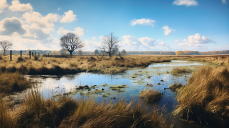 a panoramic scale uhd image showcasing the beauty of dutch landscapes with brown grass surrounding the area. the photo captures the traditional british landscape style, featuring a light sky-blue and amber color palette. with hyper-realistic water and the national geographic touch, this stunning photo truly brings the natural beauty of the scene to life. ai generatedの素材