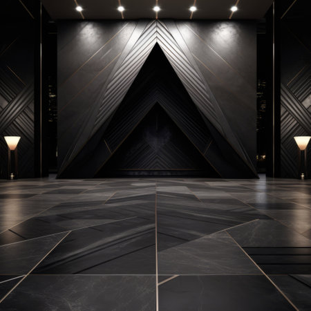 an abstract black interior featuring two lights, two doors, and a wooden floor. this luxurious geometric style incorporates elements such as stone sculptures, multilayered surfaces, commercial imagery, glazed surfaces, and stage-like environments. ai generatedの素材