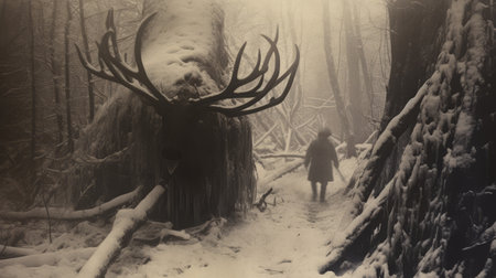 an older woman stands in snowy woods, accompanied by a deer. this photo captures the essence of anton semenov's style, with elements reminiscent of traditional british landscapes and alvin langdon coburn's work. the image also incorporates conceptual installations, fantastical street scenes, and highly detailed environments, evoking the artistic influence of wojciech siudmak. ai generatedの素材