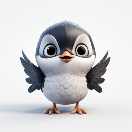 cute bird animation featuring a bird face and wings, rendered in the style of unreal engine. the character design is cartoonish, with a light gray and black color scheme inspired by frostpunk. the strong facial expression adds personality to the character, created by the talented artist miki asai. this pop-culture-infused animation is sure to captivate viewers. ai generatedの素材