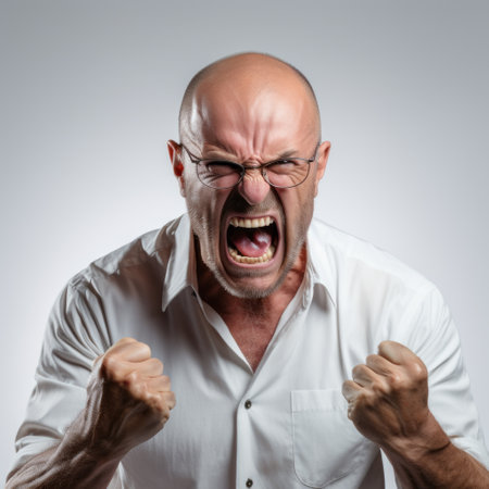 angry man shouting with fists up, captured in a photograph taken with a nikon d750. the image showcases an emotionally complex moment, reminiscent of the reductionist style of scott adams. the subject's intense expression and raised fists convey a strong sense of frustration and anger. the use of the tenwave filter adds a touch of light gray, enhancing the overall mood of the photo. thisの素材