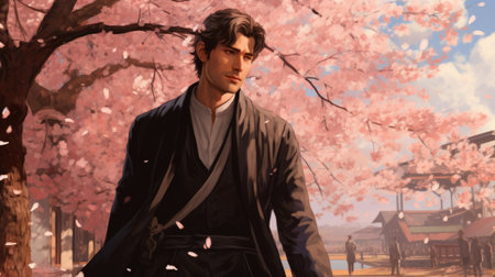 a japanese man walks gracefully amidst the enchanting beauty of blooming cherry blossoms. this captivating scene, reminiscent of the artistic styles of charlie bowater, noah bradley, and gerard van honthorst, exudes a sense of intense gaze and romance. the illustration is skillfully composed, with a shiny and captivating allure. ai generatedの素材
