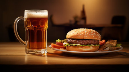 a beer sits on the table alongside a hamburger, illuminated by volumetric lighting. the photo showcases functionality with a focus on the samyang af 14mm f2.8 rf lens. the color palette consists of light red and light brown, creating a realistic impression. the composition is carefully calculated by photographer peter lippmann. ai generatedの素材