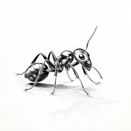 a black and white ant with yellow accents, rendered in a realistic hyper-detailed style by ink wash painter mike campau. the ant is depicted with flat shading, giving it a smooth and shiny appearance. the artist skillfully uses light and color to create a realistic effect, with light red and dark bronze tones adding depth to the image. ai generatedの素材