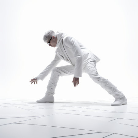 a person dressed in white is captured in a neo-pop iconography style, reminiscent of the works of artists like mike campau, daniel libeskind, and shohei otomo. the image showcases a full-body stretch, exuding a sense of energy and flexibility. this striking photograph, captured by the associated press, features a silver color palette that adds a touch of modernity to the composition. ai generatedの素材