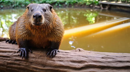 a small spotted beaver is perched on a log near a pond, surrounded by immersive environments. the lighting in the photo is a mix of light amber and navy, creating a spectacular show of colors. the scene offers interactive experiences, with vibrant and lively details captured in ultra hd quality. ai generatedの素材