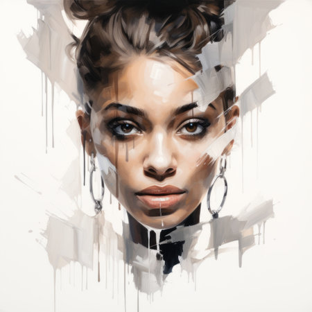 emilie heinrico's new painting, "the face," showcases a unique blend of artistic influences from ross tran, james bullough, and michael garmash. with torn and distressed edges, this piece exudes a raw and edgy aesthetic. the use of simplistic vector art, combined with its 8k resolution, creates a visually stunning composition. the color palette of light silver and black adds a touch of elegance and sophistication.の素材