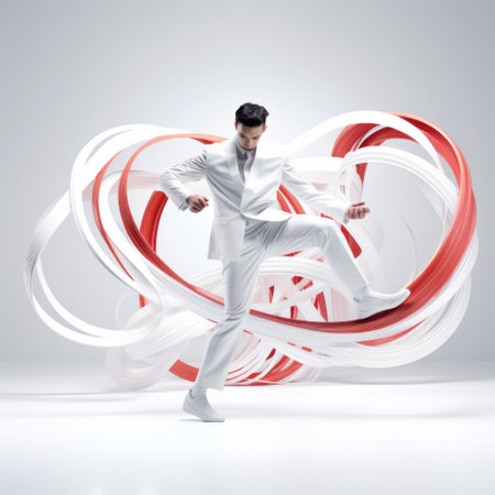 a man in a white suit dances gracefully on a white background, surrounded by organic and flowing forms. the photo captures the essence of bold-graphic art with the addition of red threads. this visually striking image resembles the style often seen in national geographic photography. it combines elements of porcelain, furaffinity, and advertising art seamlessly. ai generatedの素材