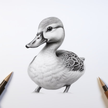 a monochromatic duck pencil drawing in black and white, featuring a realistic hyper-detailed rendering. the charming character illustration showcases the style of light turquoise and light brown, with hints of light magenta and light gray. this uhd image captures the beauty of hyper-realistic animal illustrations, reminiscent of the minolta riva mini. ai generatedの素材
